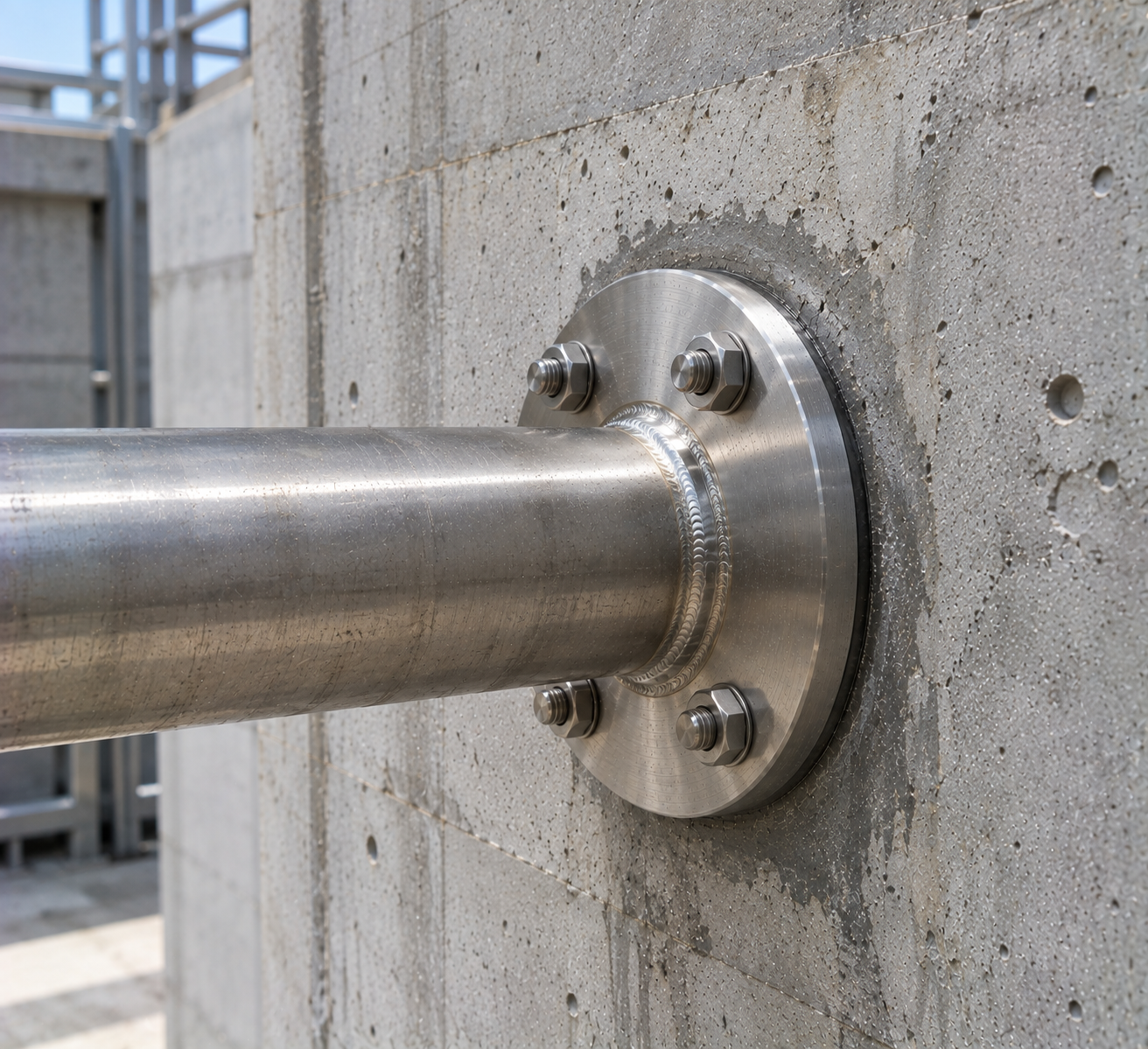 Puddle flange embedded in a concrete wall pipe penetration